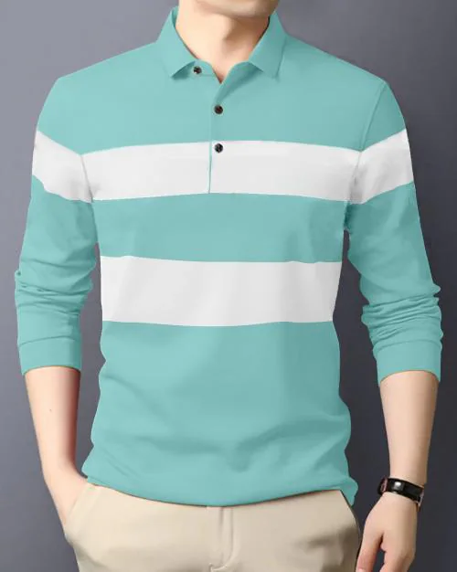 Gespo Sky Blue & White Colorblocked Polo Neck Full Sleeve Casual T-Shirt