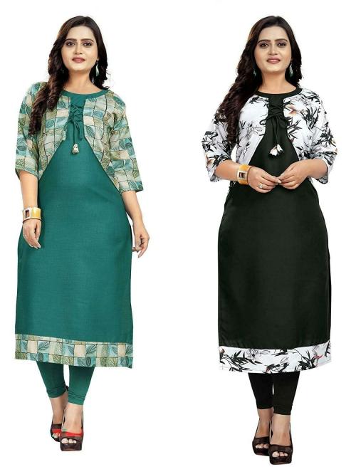LERKIZA Women Green and Black Digital Printed Cotton Pack of 2 Straight Jacket Kurtis
