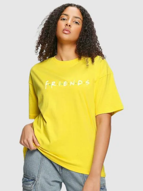 Bewakoof Women's Yellow Typographic Print Round Neck Half Sleeve Oversized Fit T-Shirt