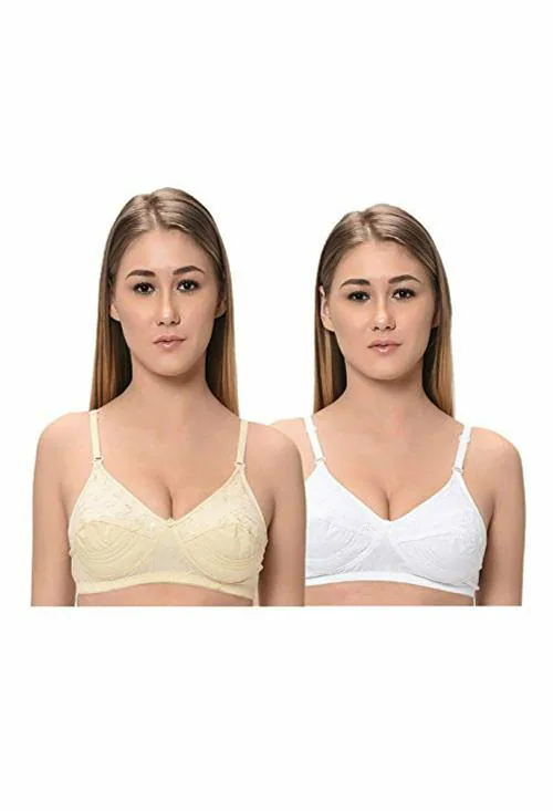 FEMULA Chikankari White and Skin Cotton Regular Bra - 36B (Pack of 2)