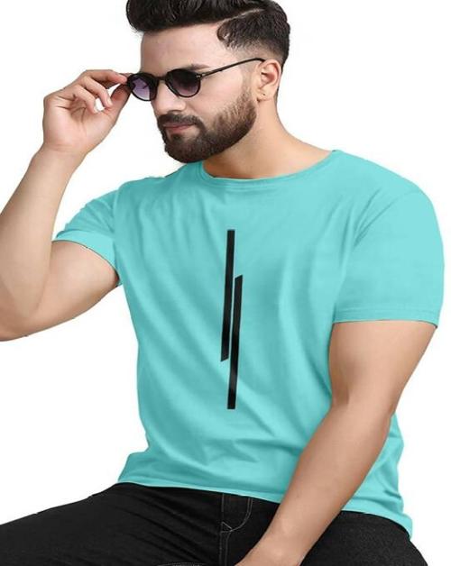 REVIZO Men 11 Line Typography Round Neck Polyester Blue T-Shirt
