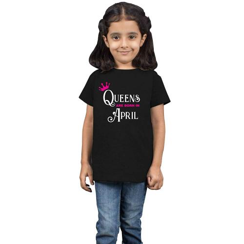 Limit Fashion Store Girls Yellow Cotton Queens Are Born In April Printed T-Shirt