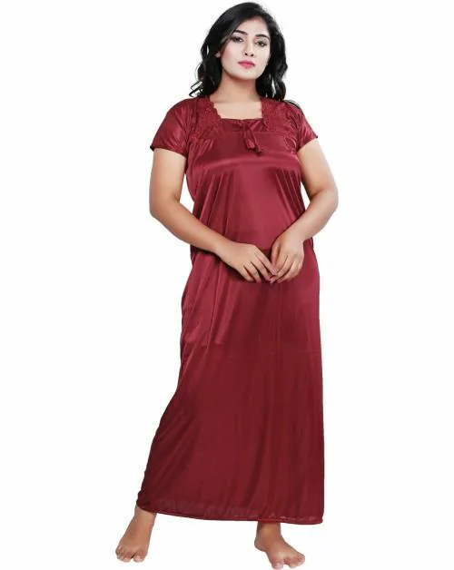 BAILEY SELLS WomenMaroon Solid Satin Blend Nighty Free Size Free