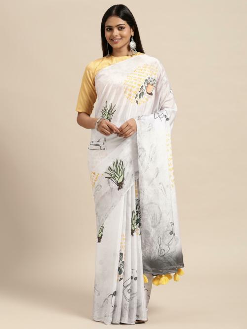 Janasya Women's Off White Poly Chiffon Printed Saree with Blouse Piece