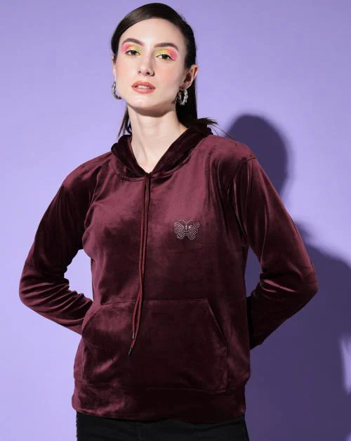 BuyNewTrend Burgundy Velvet Solid Women Hoodie Sweatshirt