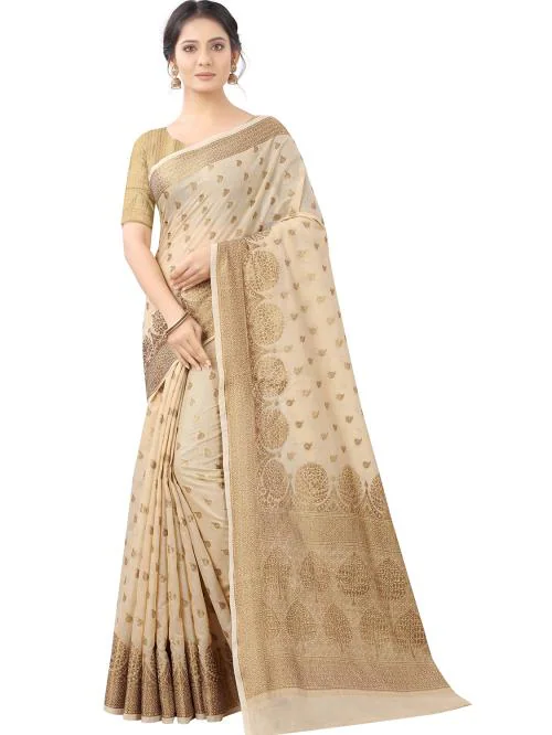 Leeza Store Women'S Mesmerising Beige Colored Cotton Silk Golden Zari Tree Pattern Ethnic Motifs Saree With Unstitched Blouse Design Made Using Zari Work