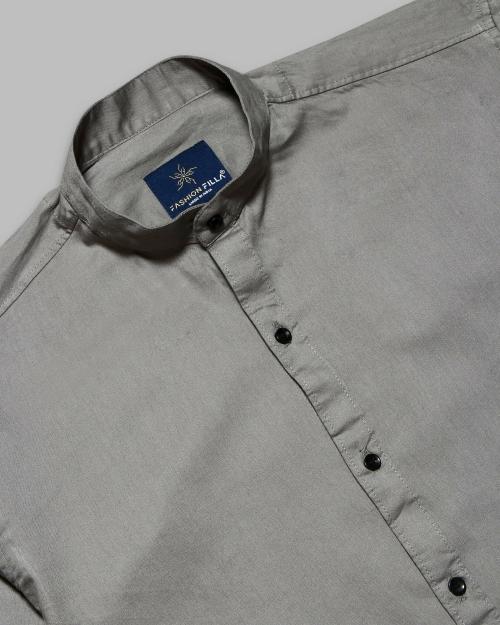 Jobber Plain Casual Grey Kurta Collar Shirt with Black Button for Men | Premium Cotton Shirt | Full Sleeves Slim Fit | Buy Stylish Plain Shirt Online Long Lasting Fabric