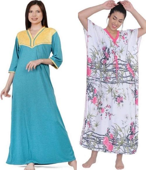 BEAUTY CRAZE Women's Satin Floral Print Nightgown And Hosiery Maxy Nighty Combo (Pack Of 2)