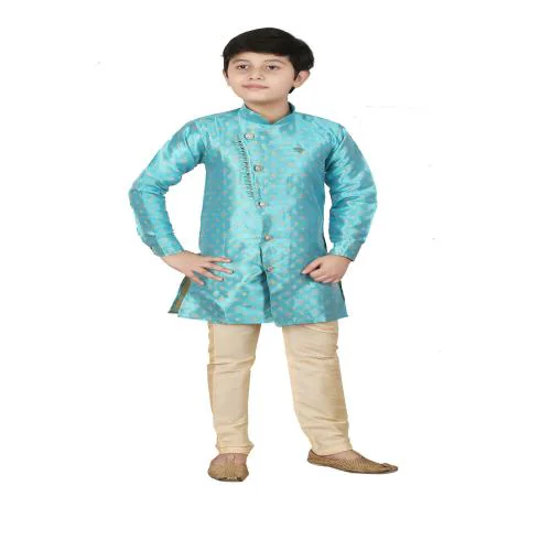 Pro-Ethic Style Developer Boy's Firozi Embellished Silk Kurta Pyjama Set