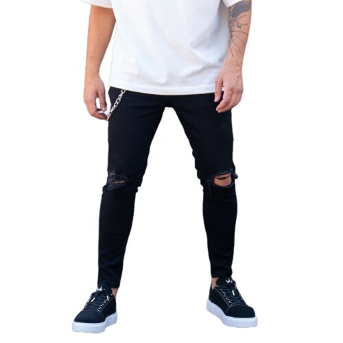 Qarsh Stylish Knee Cut Black Jeans for Men with Side Chain (28)