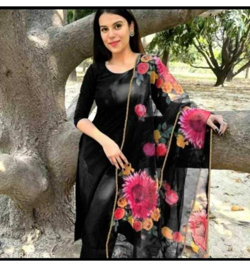 WORIVOC Women Kurti, Patiala and Dupatta Set Khadi Cotton_Black_S