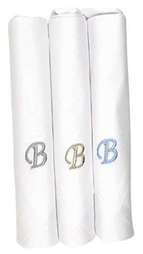 Concerto Men's Fine Cotton ( White / White ) Embroidered Initial Handkerchief ( Pack of 3 ) ( Size 48 cms * 48 cms ) - B - Gifts for Husbands, Valentine, Fathers and Sons on Birthdays, Anniversary Diwali and Christmas.
