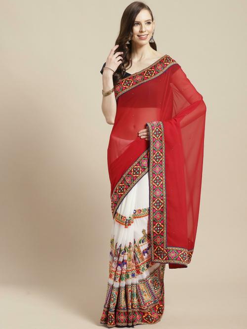 VASTRANAND Women Red Poly Georgette Embellished Saree