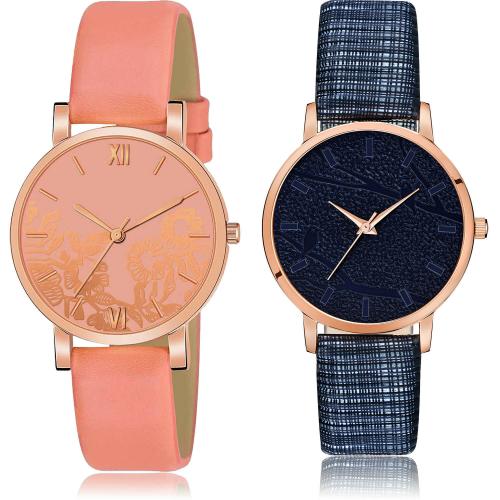 NEUTRON Best Diwali Flower And Embossed Designer Dial Orange And Blue Colour Analog Genuine Leather Belt 2 Watch Combo For Women And Girls - G541-GM326