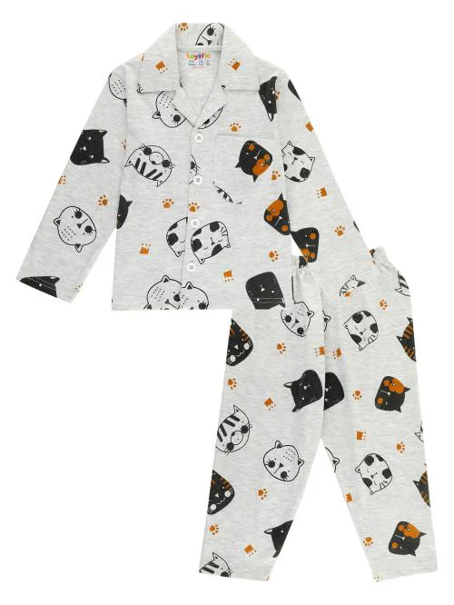 toyific Unisex Kids Cat Face Printed Nightsuit Set | Pure Cotton Shirt and Pajama Set | Printed Cotton Night Suit/Nightwear/Sleepwear/Sleepsuit - Grey