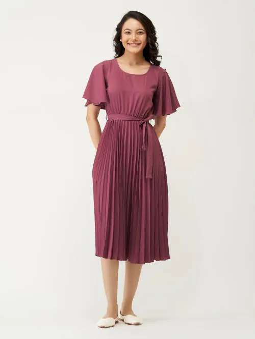 AASK Polyester Ruby Pink Color Pleated & Solid Round Neck Dress With Belt| Dress for women| Party Dress| Dresses| Stylish Dress| | New Collection