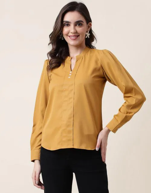SELVIA Twill Dyed Regular Fir Mustard Yellow Women Top