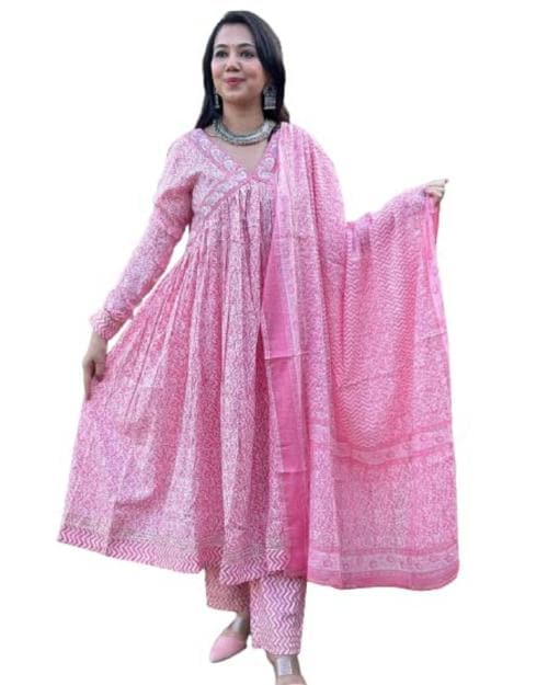 Ridnish Cotton Aliya Cut Embroidery Flower Anarkali Kurta with Pant & Dupatta