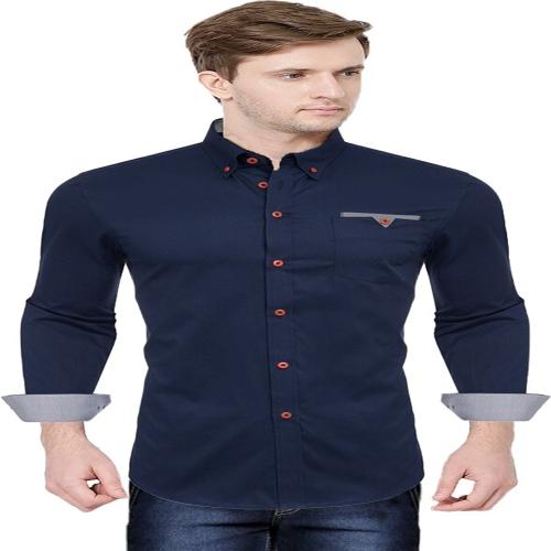 PEARL OCEAN Men Solid Casual Dark Blue Shirt