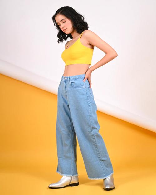 Perfect Outlet Women Sky Blue Solid Wide Leg Denim Jeans