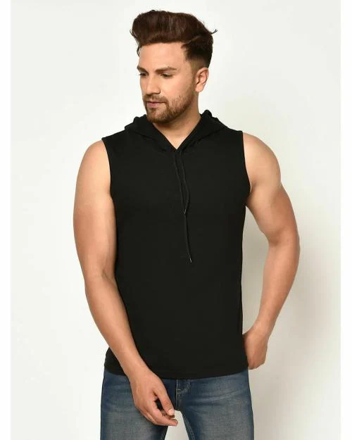 Buy Glito Solid Black Sleeveless Hoodie Tshirts For Men's Online at