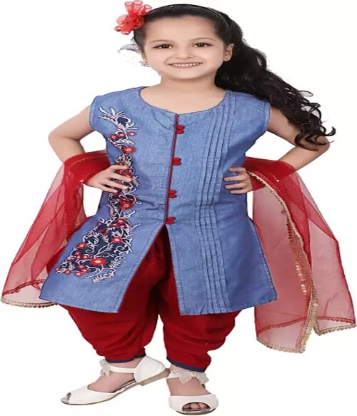 NIKNINE Baby Girls Festive & Party Kurta, Dhoti Pant & Dupatta Set (Blue Pack of 1)-Size-10-11Y-Red