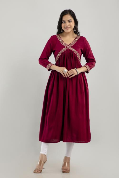 ftDiva Women's Rayon Embroidered Aliya Cut Kurta in Maroon
