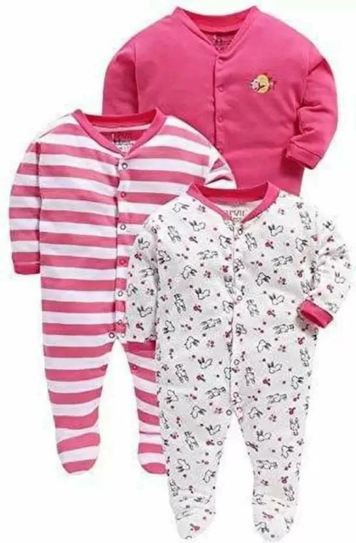 SMILEY APPU CLOTHING Romper For Baby Boys & Baby Girls Printed, Striped, Solid Hosiery (Pink, Pack of 3)