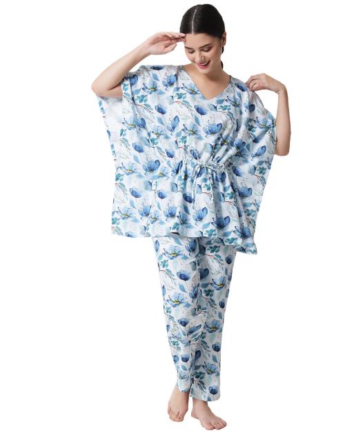 Fflirtygo Printed White Kaftan and Pyjama Set for Women with Scrunchy