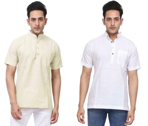 Lahsuak Men Light Cream & White Solid Pure Cotton Pack Of 2 Short Kurta