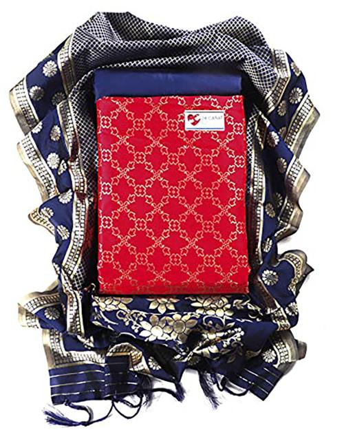 Sun Fashion and Lifestyle Women Red and Royal Blue Woven Cotton Silk Unstitched Salwar Suit Dress Material with Dupatta