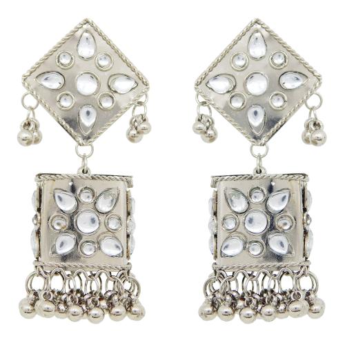 Fresh Vibes Oxidised Silver Traditional Black Metal Unique Square Big Jhumka Earrings for Women - Tribal Boho Party Use Stylish Long Afghani Jhumki Ear Rings for Girls