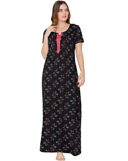 Bodycare Womens Combed Cotton Round Neck Printed Long Night Dress-BSN10004