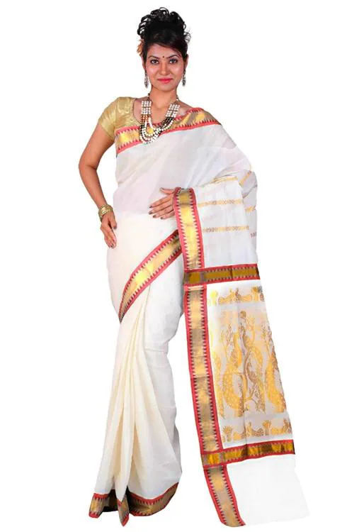 Fashionkiosks Women Maroon Cotton Temple Border Saree With Running Blouse Piece