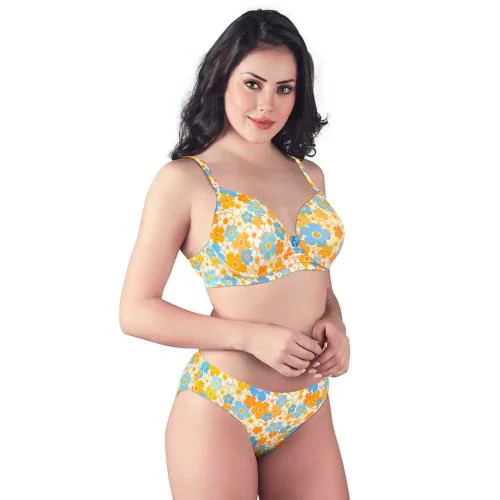 Lovable Women Cotton Blend Lightly Padded Full-Coverage Wire-Free Floral Printed Seamless Bra Panty Lingerie Set (Multicolor_Size-38B)