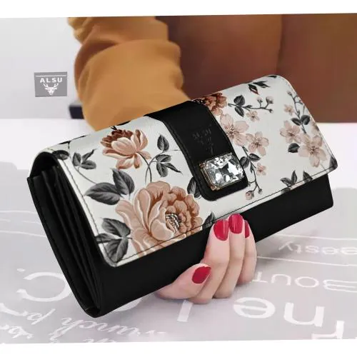 ALSU Women's Black Hand Wallet Clutch flowers printed | phone pocket | 4 card slots (gdu-022blk)