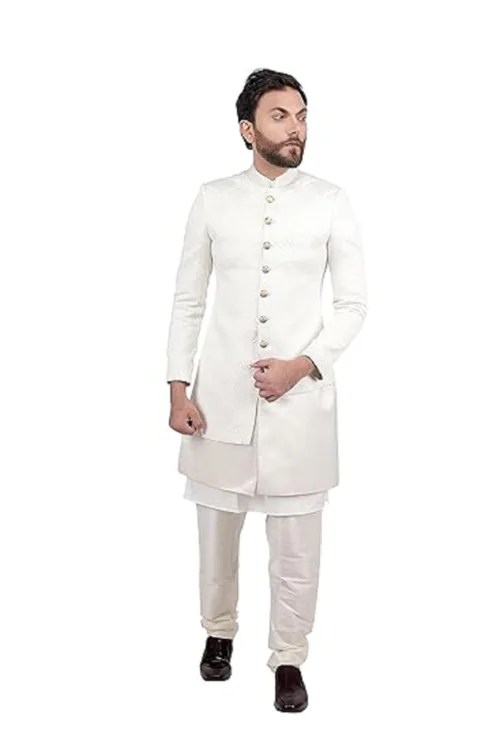 REBELLO The Complete Fashion Men's Royal 4 Pcs Indo Western Set - Includes Indo Western, Kurta, Polo Pant, and a Pocket Square||Size-38||Color-White