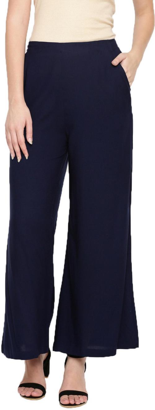 De Moza Women Dark Blue Solid Viscose Rayon Regular Fit Trousers (L)