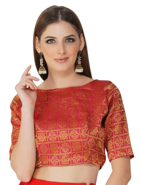 Fressia Fabrics Women's Readymade Party Wear Jacquard Boat Neck Saree Blouse