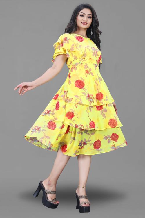 Harrica Women's Printed Georgette Knee Length Kurti - Yellow