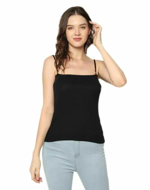 KEX Women's Black Adusjustable Cotton Camisole Strap Sphagetti for Women/Girls Top Camisol