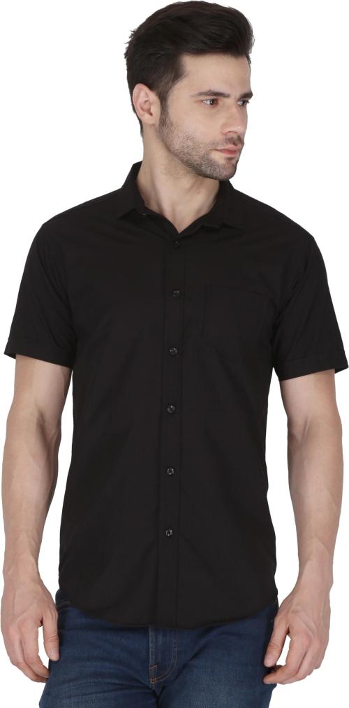 PP SHIRTS Men Black Solid Cotton Blend Spread Casual Shirt (S)