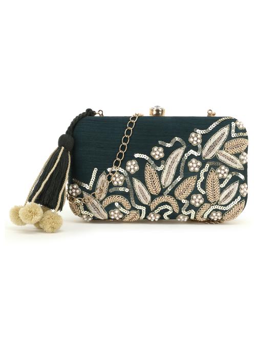 Gaud Dark Green & Gold Floral Embellished Faux Silk Clutch