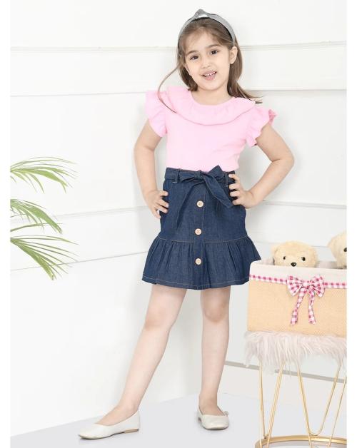 Lilpicks Girls Bank Pink Top With Denim Skirt Set