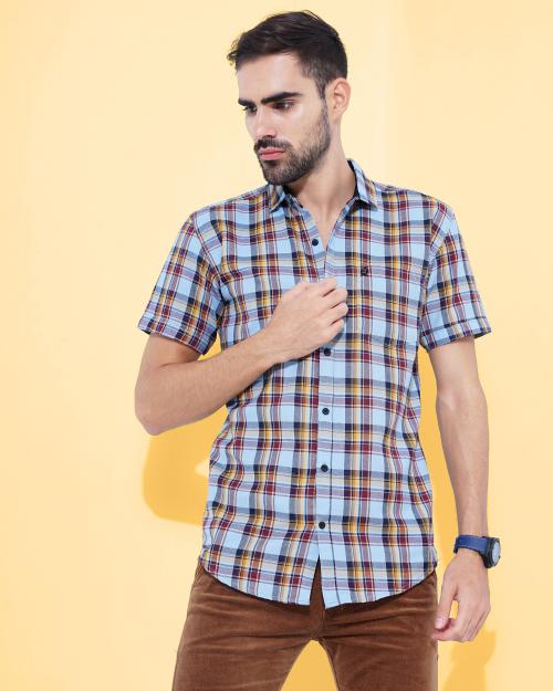CAMISA Men's Half Sleeve yarn Dyed Checked Shirt