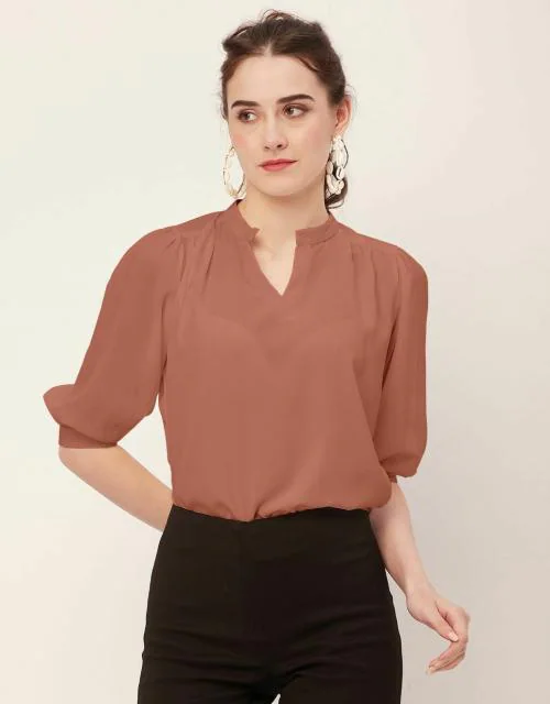 Moomaya Solid Puff Sleeve Tops, Band Collar, Semi-Formal Tops For Women
