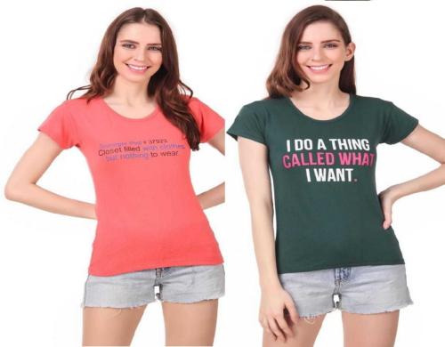 High Seas Women Pink and Green Printed Cotton Blend Round Neck T-Shirt - XL (pack of 2)