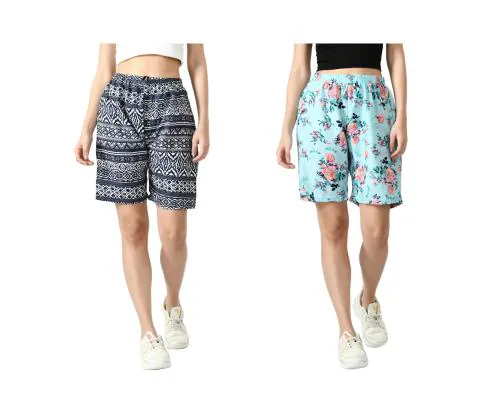 IndiWeaves Crepe Digital Floral Printed Shorts for Women [Pack of 2]
