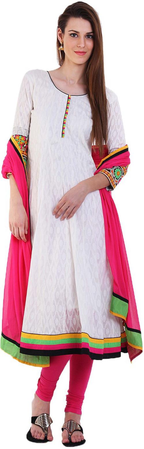Span Women White Self Design Jakkard, Lycra, Chiffon Salwar Kurta And Dupatta
