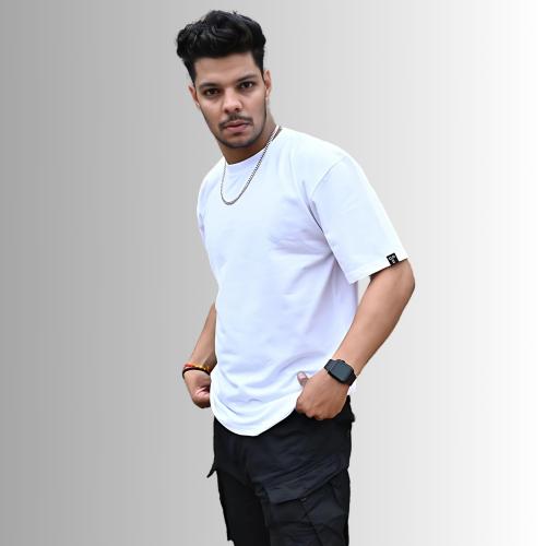 Trentastic New Stylish Cotton Round Neck Printed Over Sized Elbow Length Solid White T Shirts for Men
